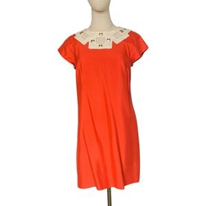 Shoshanna Orange Shift Cream Gold Studded collar Dress Sz 6